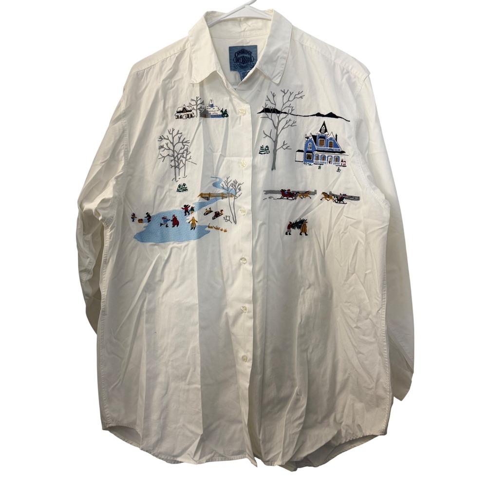 Cambridge Dry Goods Vintage White Embroidered Winter Scene Cotton Shirt Size 12